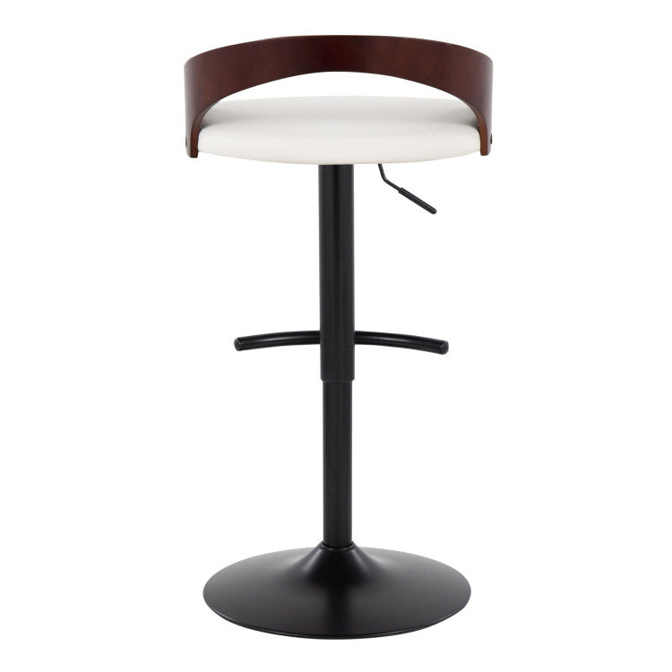 Contemporary Adjustable Barstool With Swivel In Black Metal, Cherry Wood And White Faux Leather With Rounded T Footrest Set Of 2