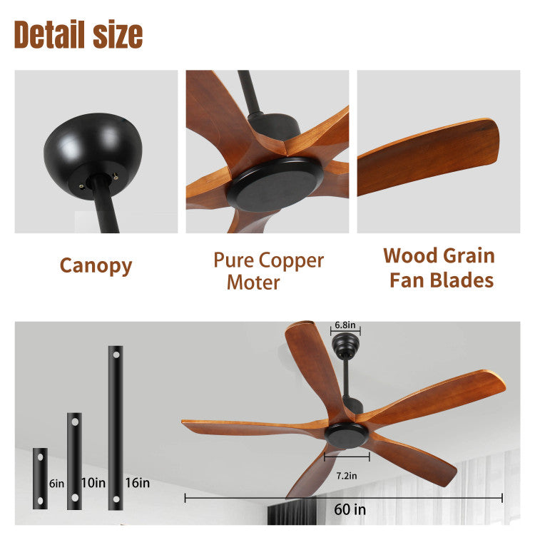60 Inch Wood No Light With Remote Control, Low Profile Without Light,Noiseless Reversible Dc Motor With Timer