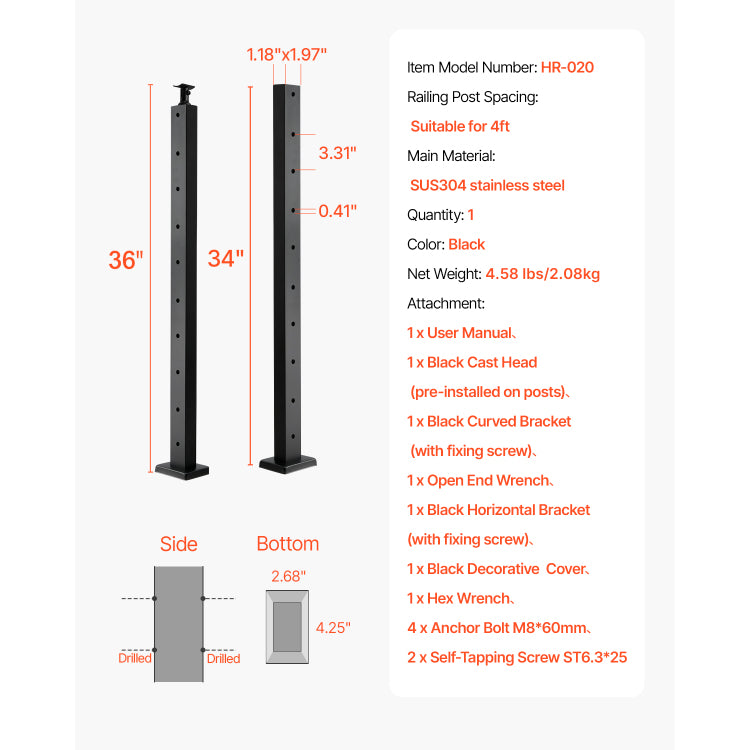 Cable Railing Post, 36X1X2 Inch Level Deck Stair Posts, 1 Pack Stainless Steel Cable Handrail Post, Pre Drilled Pickets With Mounting Bracket Stair Railing Kit, Black, 1Jzlgzxhs914Lza6X001V0