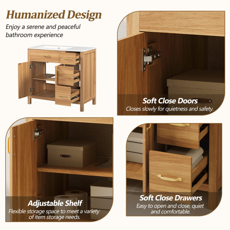 36" Wood Bathroom Vanity With Solid Wood Frame, 2 Soft Close Doors, 3 Soft Close Drawers, Adjustable Shelf, Modern Storage Cabinet For Small Bathrooms