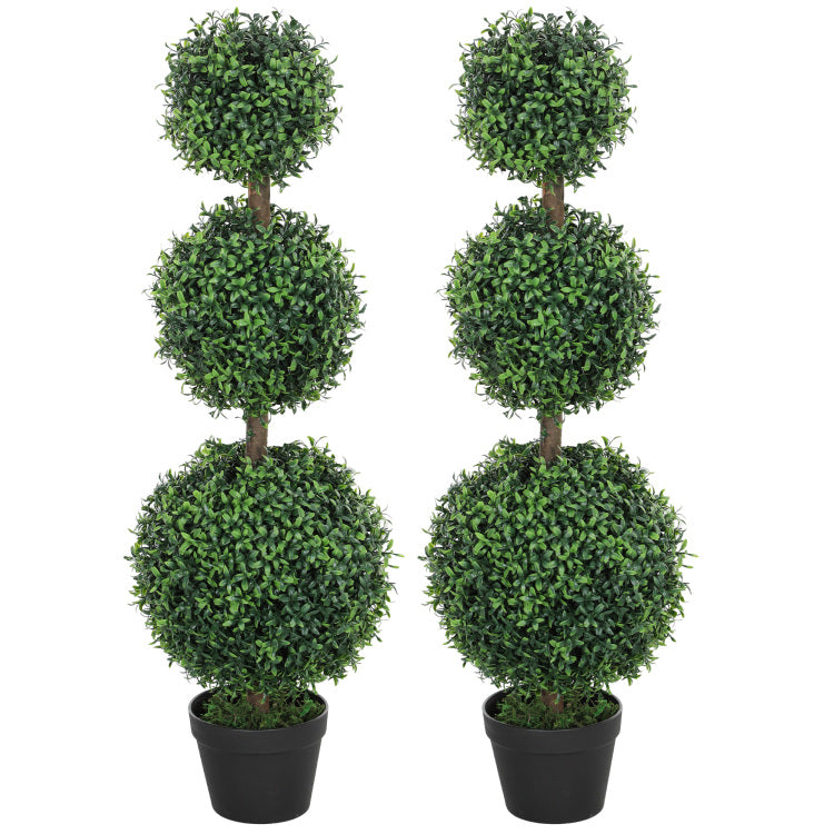 2 Pcs Set. Artificial Ball Boxwood Topiary Trees, Fake Plants In Pot