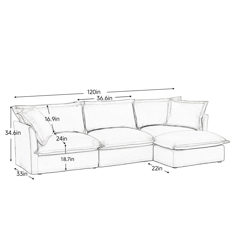 L Shaped Slipcovered Sectional Sofa Couch, Comfy Chenille Deep Seat Cloud Couch With Convertible Ottoman & 2 Big Pillows, Modern Oversized 3 Seater Slipcovered Sofa Set For Living Room Office, Cream