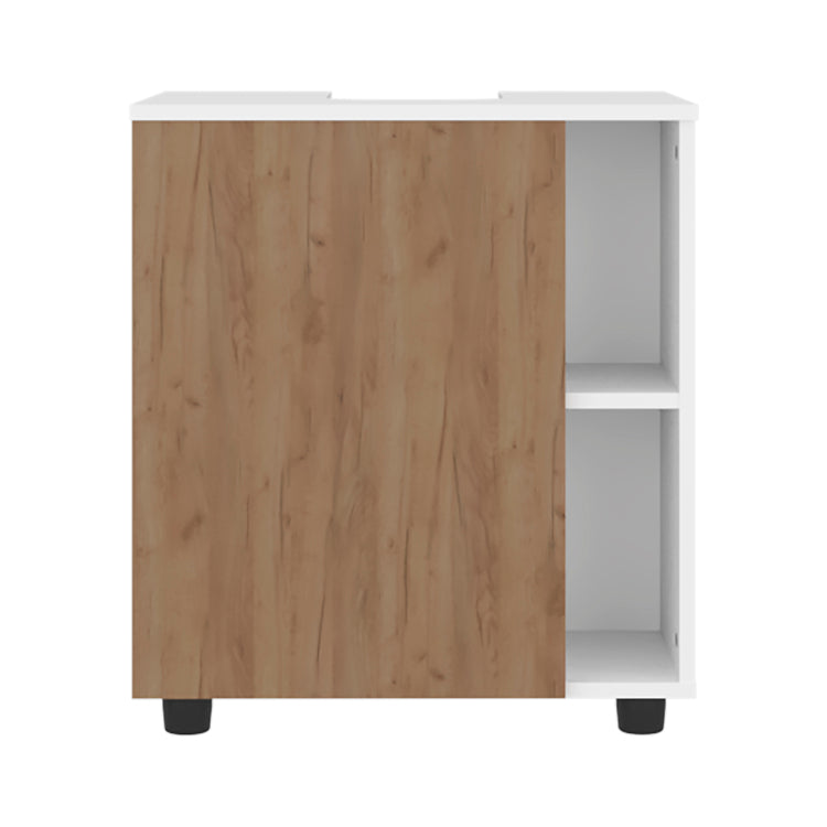 Pascuale Two Side Shelves Under Sink Cabinet With One Doors, Cut Out Back, Compact 22 Freestanging Bathroom Storage, White, Natural Oak
