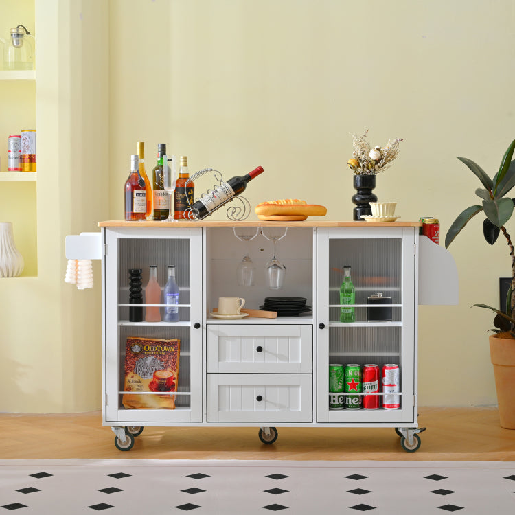Mobile Kitchen Island Storage Trolley Cart On Wheels With Dropleaf Top, Towel Spice Rack,2 Drawers, 2 Door Cabinet, White
