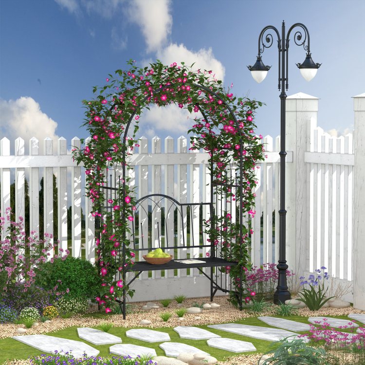 Outsunny Metal Trellis Arbor Arch For Climbing Plants With Garden Bench, Grow Grapes & Vines, Patio Decor & 2 Person Outdoor Interlacing Decorative Seating With Tips, 484 Lbs. Weight Capacity, Black
