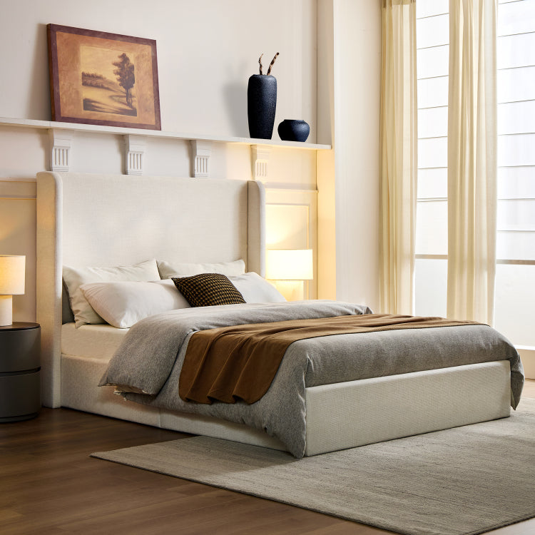 Carmen Upholstered Wingback Bed Upholstered Platform Bed Frame 54" High Headboard Simplicity Minimalist No Box Spring Needed Easy Assembly Queen Textured Ivory Canvas No Noise
