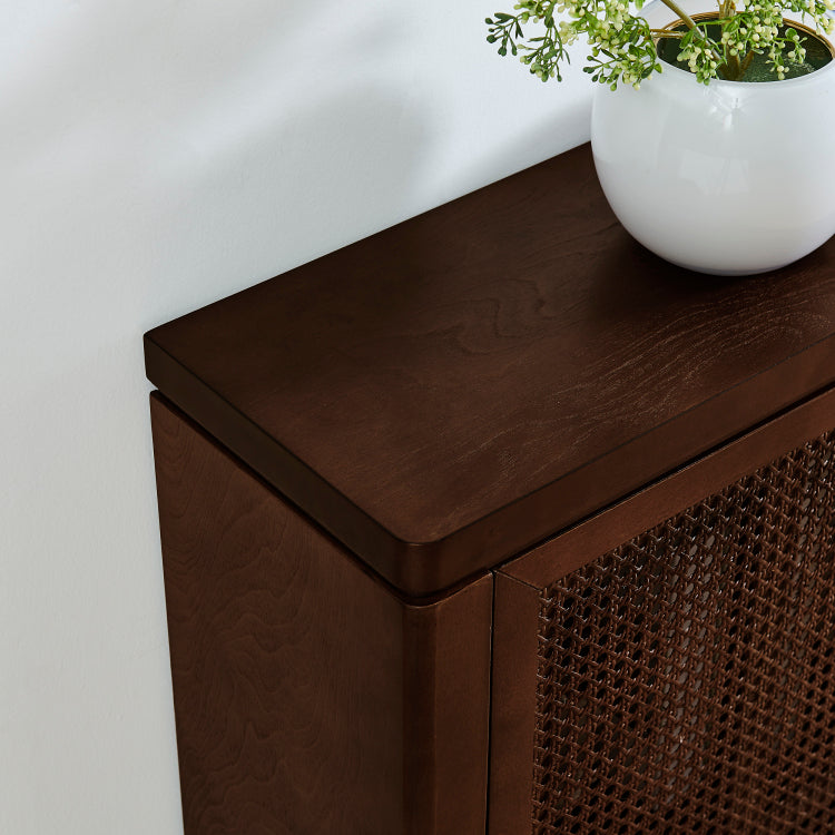 39.4" Mid Century Modern Rattan Sideboard Buffet Cabinet With 2 Outlet Holes, Coffee Bar Wine Bar Credenza, Retro Storage Cabinet For Entryway, Hallway, Living Room, Kitchen, Dining Room, Walnut