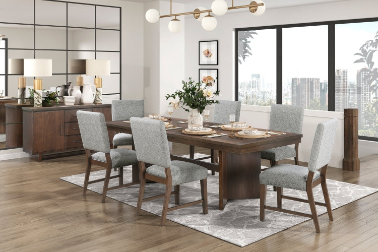 Walnut Finish Wood Side Chairs Set Of 2, Gray Textured Fabric Upholstered Seat And Back Modern Dining Furniture