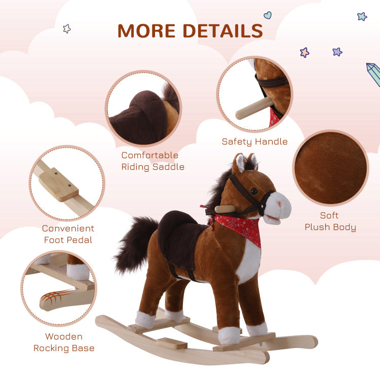 Qaba Kids Ride On Rocking Horse Plush Toy With Realistic Sounds And Red Scarf For Over 3 Years Old Birth Gift