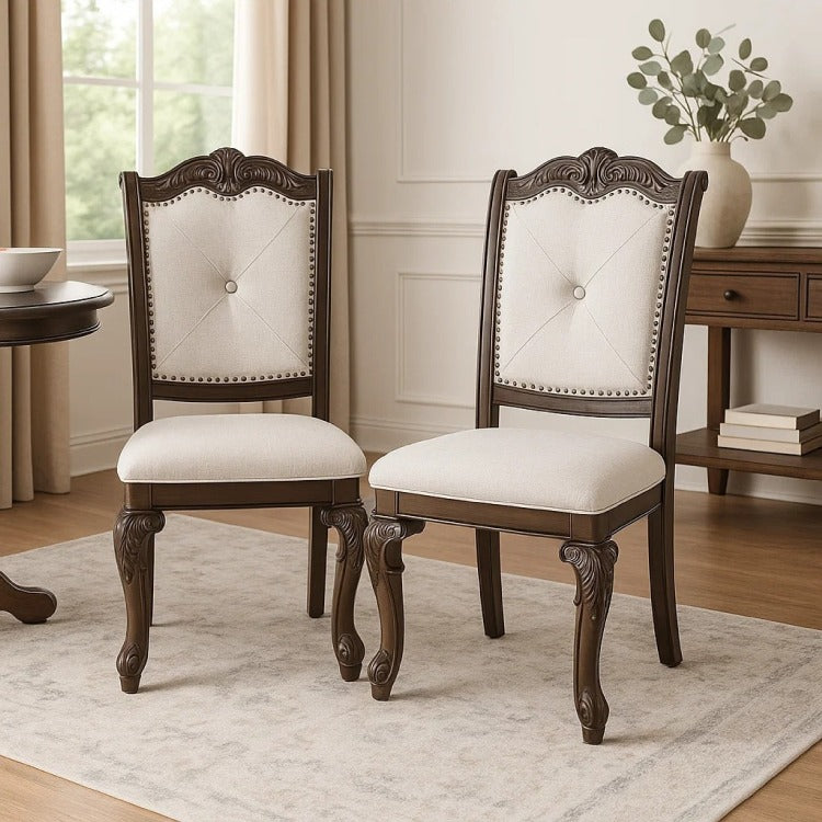 Cary Side Dining Chair Set Of 2, Beige Linen, Scrolled Coffee Brown Wood