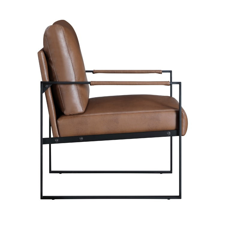 Mackie Accent Armchair, Dark Brown Faux Leather, Black Metal Frame