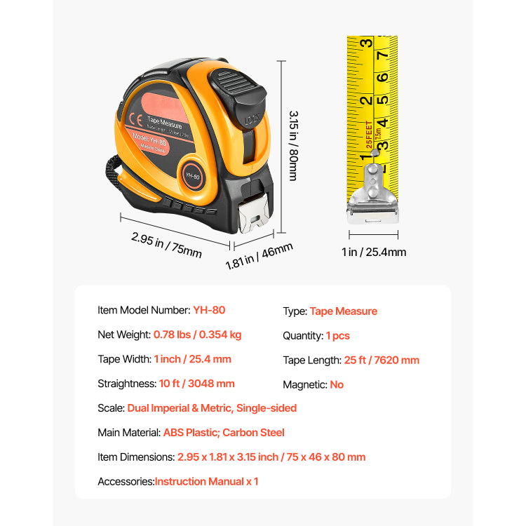 Tape Measure 25 Ft Length, Measuring Tape With Retractable, Imperial And Metric Ft M Dual Scale & Abs Case & Easy Read Steel Measurement Tool, For Outdoor,Decoration