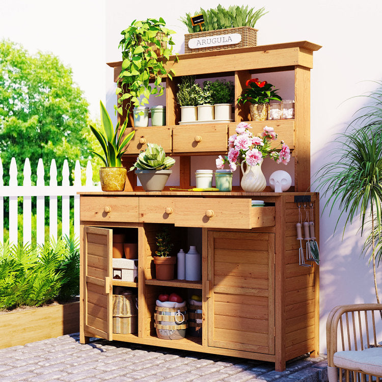 Assembly 65.7'' H Tall Garden Potting Bench Table With Hutch,Patio Storage Workstation With 3 Shelves,6 Drawers,2 Bottom Cabinets&Side Hooks For Mudroom,Doorway, Natural