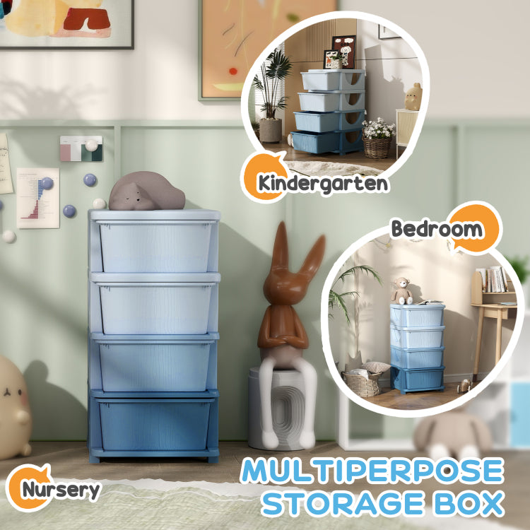Qaba 4 Tier Kids Storage Unit, 4 Drawer Chest Toy Organizer Plastic Bins For Kids Bedroom Nursery Kindergarten Living Room For Boys Girls Toddlers, Blue