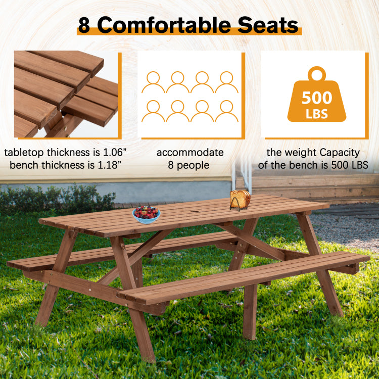 8 Person Brown Wooden Picnic Table, Outdoor Camping Dining Table With 2 Seats, Garden, Diy With 2 Built In Benches, 2220Lb Capacity