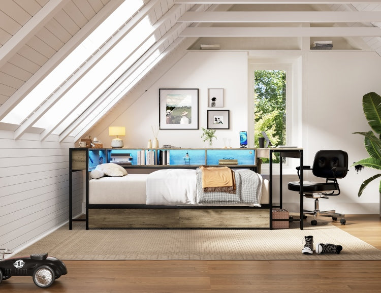Corner Bed Frame Twin Size With Bookcase And 2 Underbed Storage Drawers, Modern Twin Bed With Led Light And Charging Station, Grey