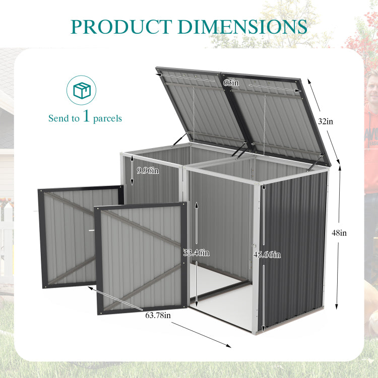 Garbage Bin Shed Stores 2 Trash Cans Metal Outdoor Bin Shed For Garbage Storage,54 Cubic Feet Of Space,Stainless Galvanized Steel, Bin Shed For Garden Yard Lawn,Grey