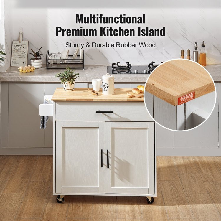 Kitchen Island Cart With Solid Wood Top, 35.4" Width Mobile Carts With Storage Cabinet, Rolling Kitchen Table With Spice Rack, Towel Rack, Drop Leaf And Drawer, Portable Islands On Wheels, White