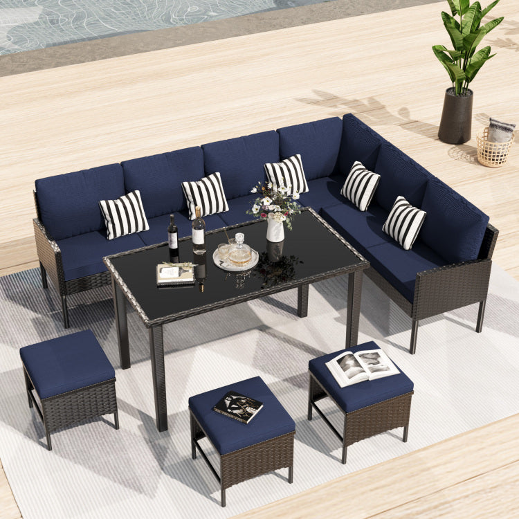 Small Space Patio Furniture 7 Piece Outdoor Furniture Set, Backyard Furniture Set, Waterproof Seat Cushion, Glass Table, Space Saving, Suitable For Backyard, Terrace Or Garden,Dark Blue