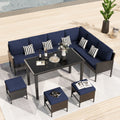 Small Space Patio Furniture 7 Piece Outdoor Furniture Set, Backyard Furniture Set, Waterproof Seat Cushion, Glass Table, Space Saving, Suitable For Backyard, Terrace Or Garden,Dark Blue