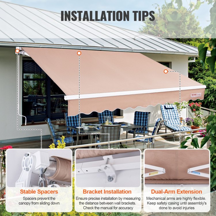 Manual Retractable Awning, 12 X 10 Ft Outdoor Patio Awning Retractable Sun Shade, Water Resistant Polyester Patio Door Window Awning Sunshade Shelter With Crank Handle For Backyard, Balcony