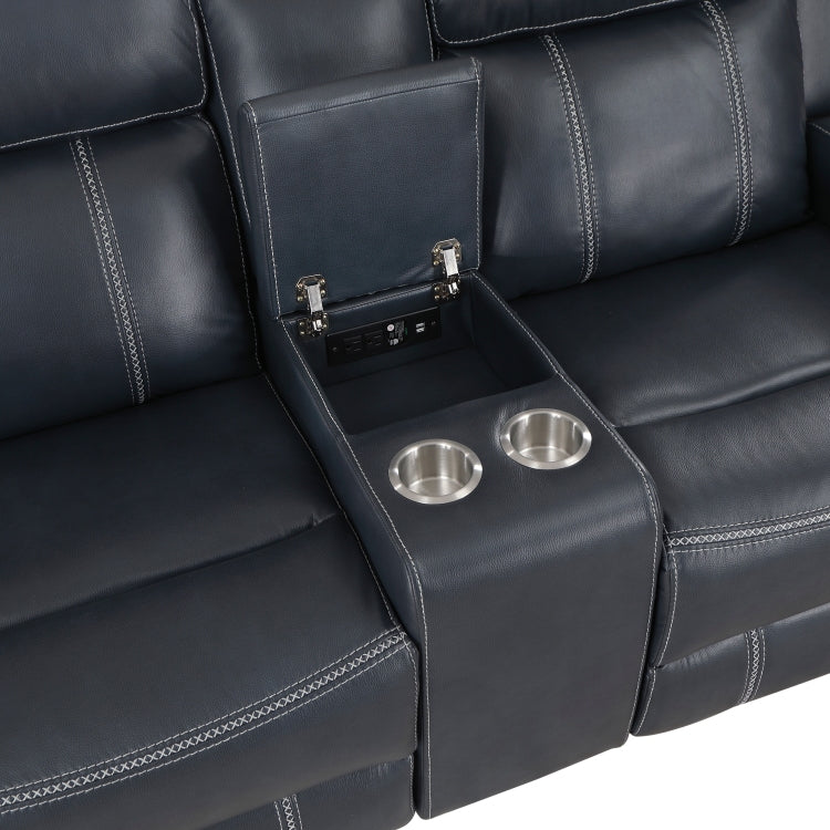 Modern Living Room Furniture 2Pc Reclining Sofa Set Blue Faux Leather Upholstery Reclining Sofa Loveseat With Cup Holders, Power Outlets, Usb Ports