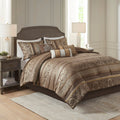 7 Piece Jacquard Comforter Set Brown Gold Queen