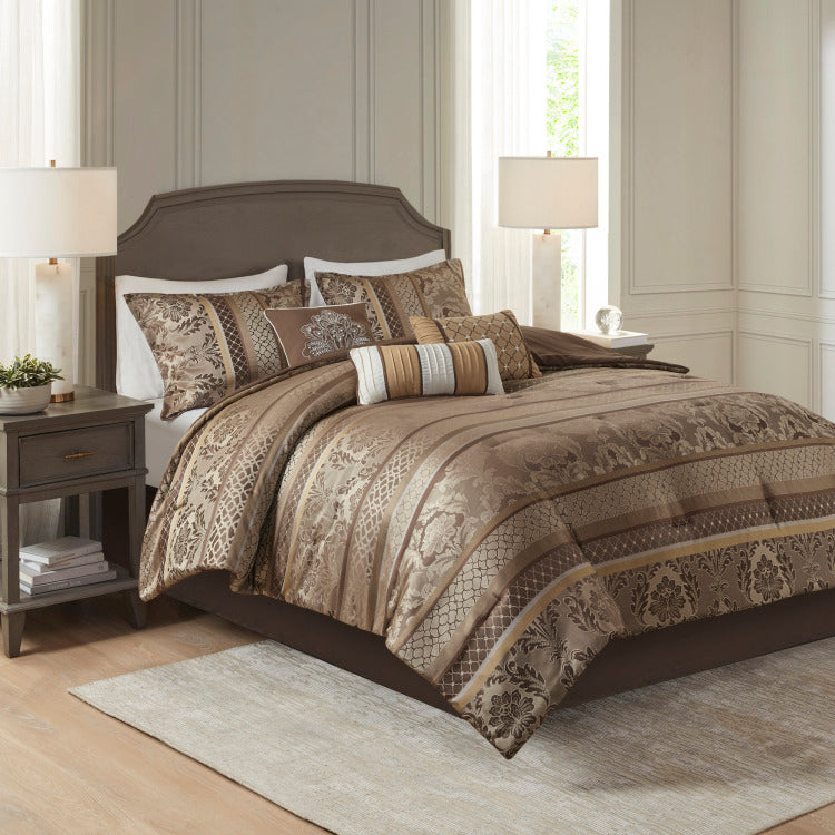 7 Piece Jacquard Comforter Set Brown Gold Queen