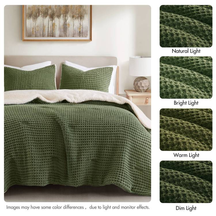 3 Pieces King Cal King Waffle Knit Chenille Comforter Set,Olive