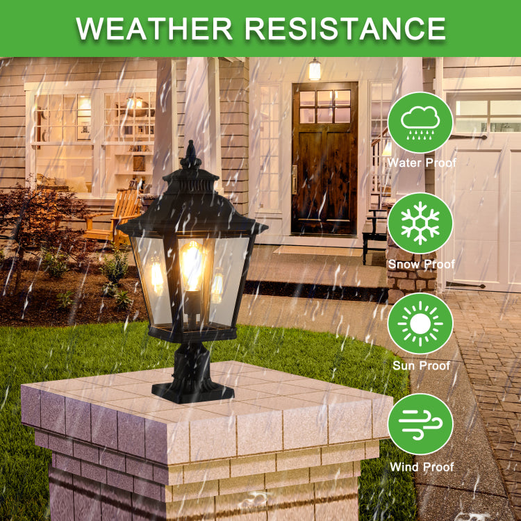 21" H 1 Pack Outdoor Post Lantern Light Vintage Black Metal & Clear Glass Pillar Lamp For Garden, Gate, Driveway, And Pathway Lighting With Elegant Design Bulb Not Included