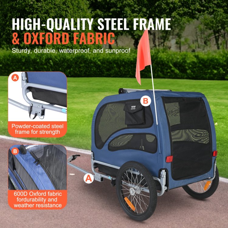 Dog Bike Trailer, Supports Up To 100 Lbs, Pet Cart Bicycle Carrier, Easy Folding Frame With Quick Release Wheels, Universal Bicycle Coupler, Reflectors, Flag, Collapsible To Store, Blue Black