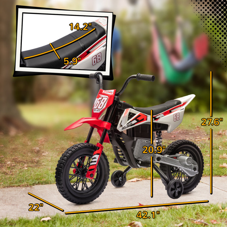 Qaba Kids Dirt Bike With Twist Grip Throttle, 12V Electric Motorcycle, Electric Bike For Toddler With Training Wheels, Rear Suspension & Music For Ages 3 6 Years, Red