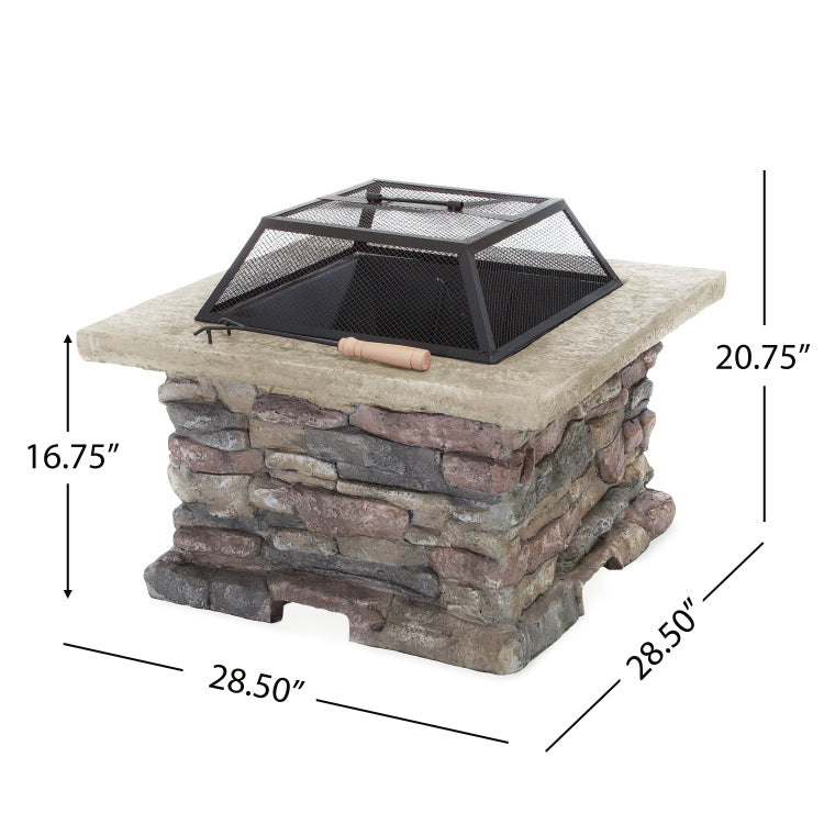28" Mgo Wood Burning Outdoor Fire Pit With Lid Natural Stone