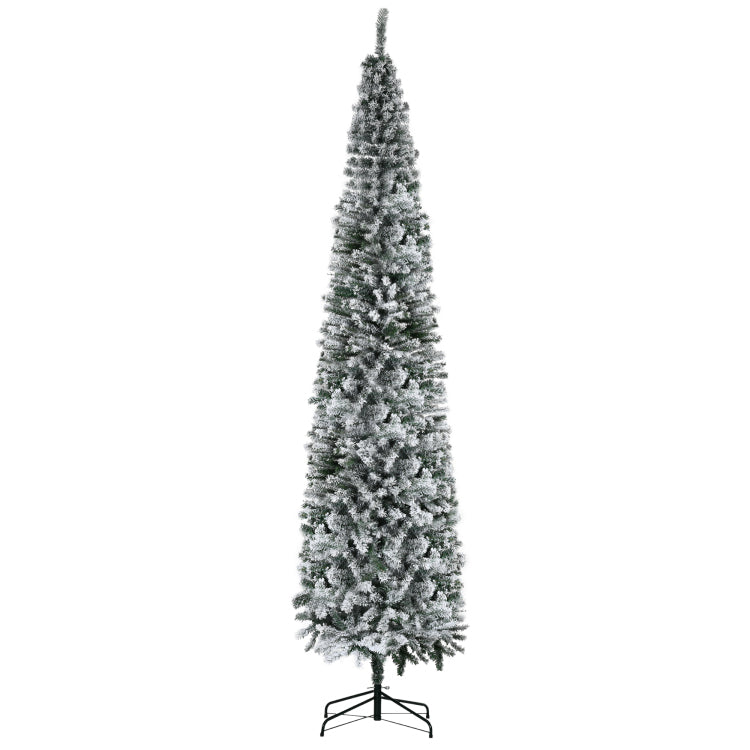 Homcom 9' Tall Unlit Snow Flocked Slim Artificial Christmas Tree With Realistic Branches And 1014 Tips