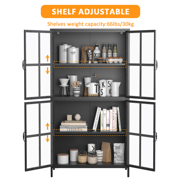 Premium Black Metal Storage Cabinet With Tempered Glass Doors, Adjustable Shelves, Anti Tipping Device, Magnetic Silent Closure, And Adjustable Feet For Home And Office Use