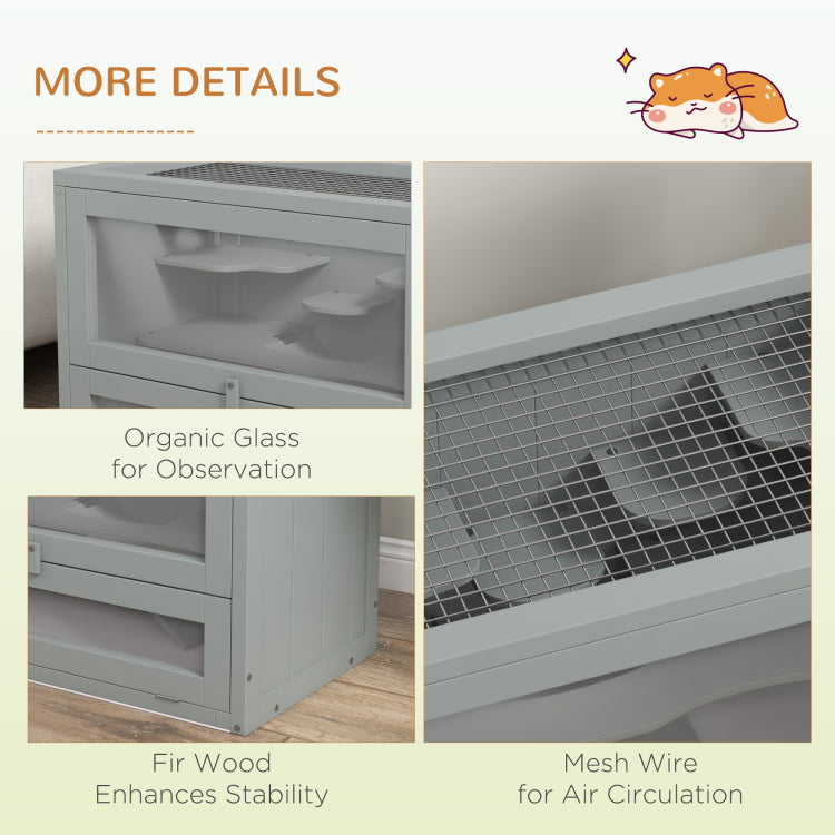 Pawhut 2 Level Hamster Cage Mice And Rat House, Small Animal Habitat For Guinea Pigs, Chinchillas With Openable Top, Front Door, Shelf And Ladder, Gray