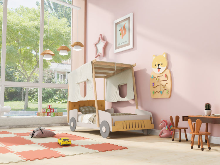 Wood Twin Size Car Bed With Pillow, Ceiling Cloth, Natural