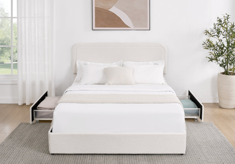 Liv Queen Size Ivory Boucle Upholstered Platform Bed With Patented 4 Drawers Storage, Curved Stitched Tufted Headboard, Wooden Slat Mattress Support, No Box Spring Needed