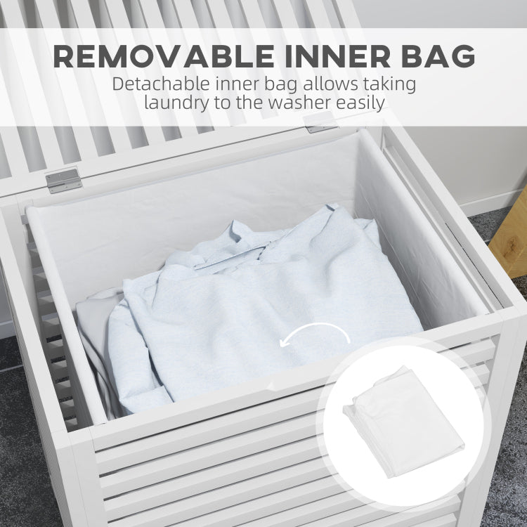Homcom Bamboo Laundry Hamper With Lid, Laundry Basket With Removable Liner Bag, Dirty Clothes Hamper, 19.75 X 14.25 X 23.5 Inches, White