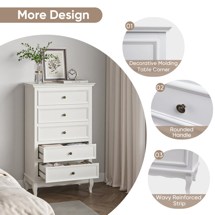 5 Drawer Dresser For Bedroom, Modern Storage Closet Cabinet Organizerwith Solid Wood Legs And Painted Finish White