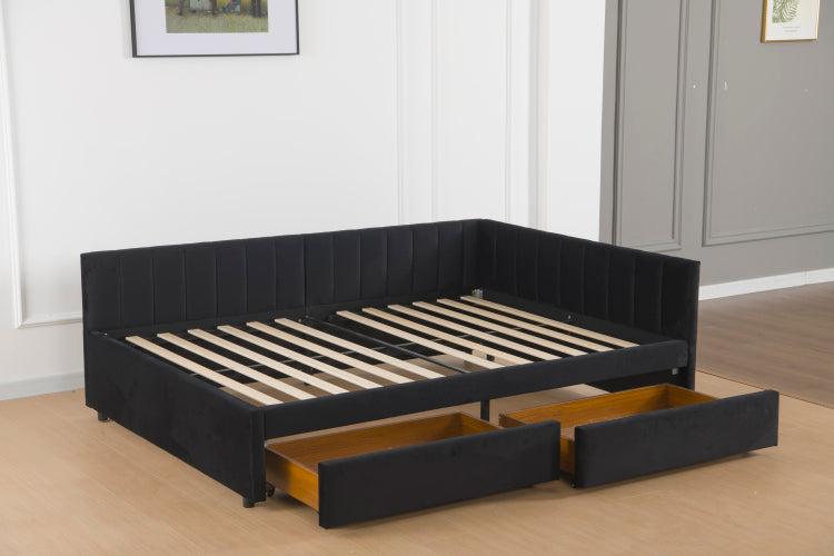 Full Size Daybed With Storage Drawers Upholstered Corner Bed With L Shaped Headboard Velvet Daybed Frame For Living Room Guest Room