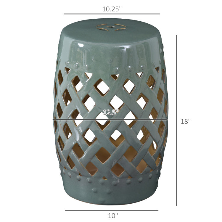 Outsunny 13" X 18" Ceramic Garden Stool With Woven Lattice Design & Glazed Strong Materials Decorative End Table, Green