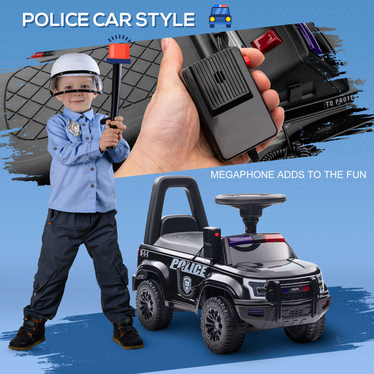 Aosom Kids Push Ride On Car With Working Pa System And Horn, Police Truck Style Foot To Floor Sliding Car For Boys And Girls With Under Seat Storage, For 18 Months To 5 Years Old, Black