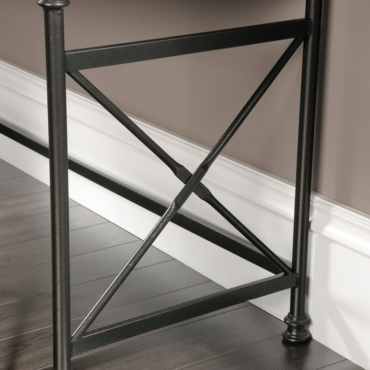 Industrial L Shaped Desk With Built In Usb Ports And Grommet Holes, Brown Finish