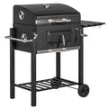 Outsunny Charcoal Bbq Grill, Outdoor Portable Cooker For Camping Or Backyard Picnic With Side Table, Bottom Storage Shelf, Wheels And Handle, Black