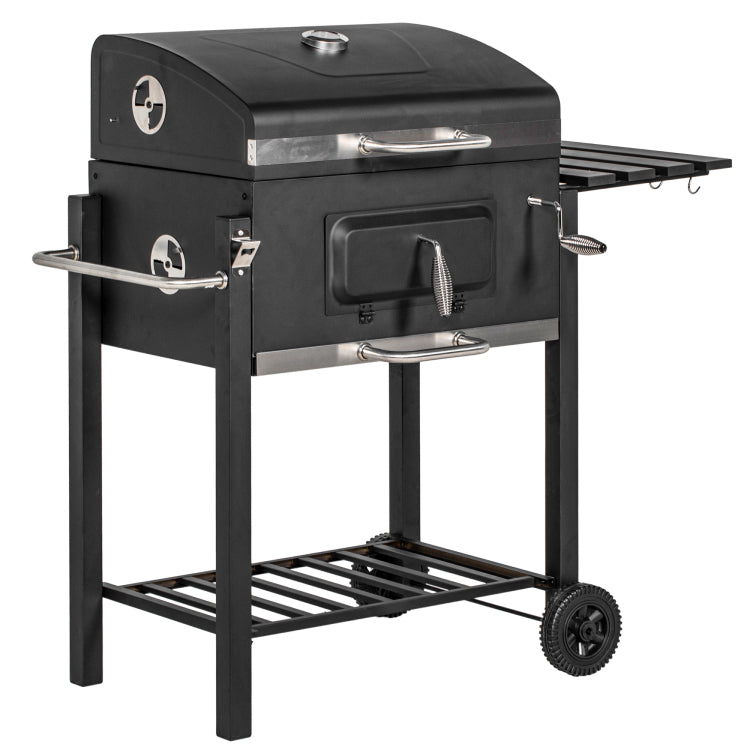 Outsunny Charcoal Bbq Grill, Outdoor Portable Cooker For Camping Or Backyard Picnic With Side Table, Bottom Storage Shelf, Wheels And Handle, Black