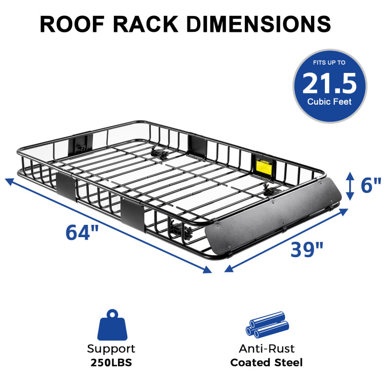 Roof Rack Basket With Net,Rooftop Steel Roof Rack,Cargo Carrier With 250 Lbs Capacity,Extension Black Car Top Luggage Holder 64"X 39" Universal For Suv Wagon Seden