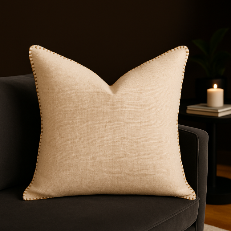 Homey Cozy Ivory Linen Style Throw Pillow With Decorative Stitching For A Refined, Natural Look