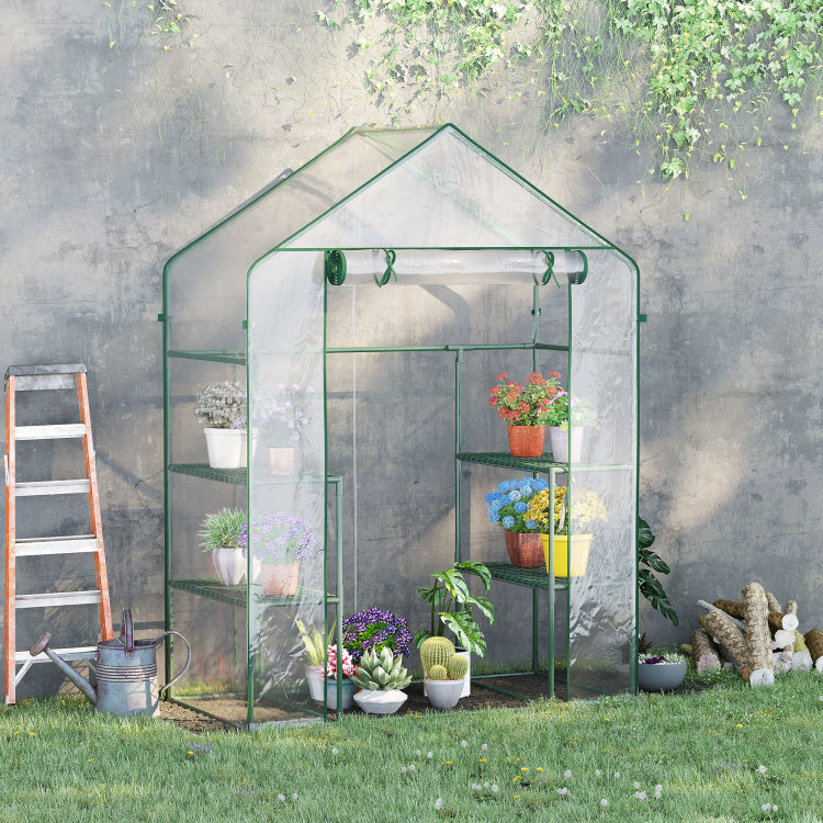 Outsunny 5' X 2.5' X 6.5' Mini Walk In Greenhouse Kit, Portable Green House With 3 Tier Shleves, Roll Up Door, And Weatherized Plastic Cover For Backyard Garden, Clear
