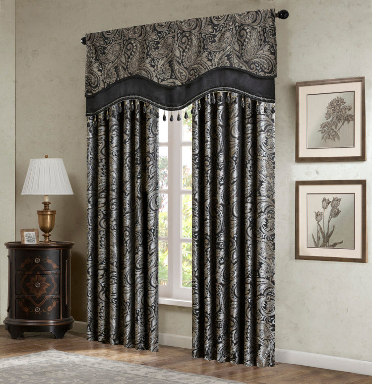 Jacquard Window Rod Pocket Valance With Beads Black 50X18"